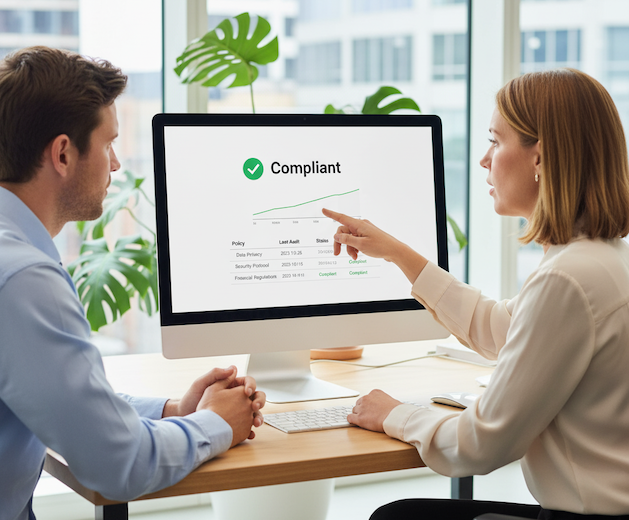 Compliance team reviewing AI-powered dashboards with evidence trails.